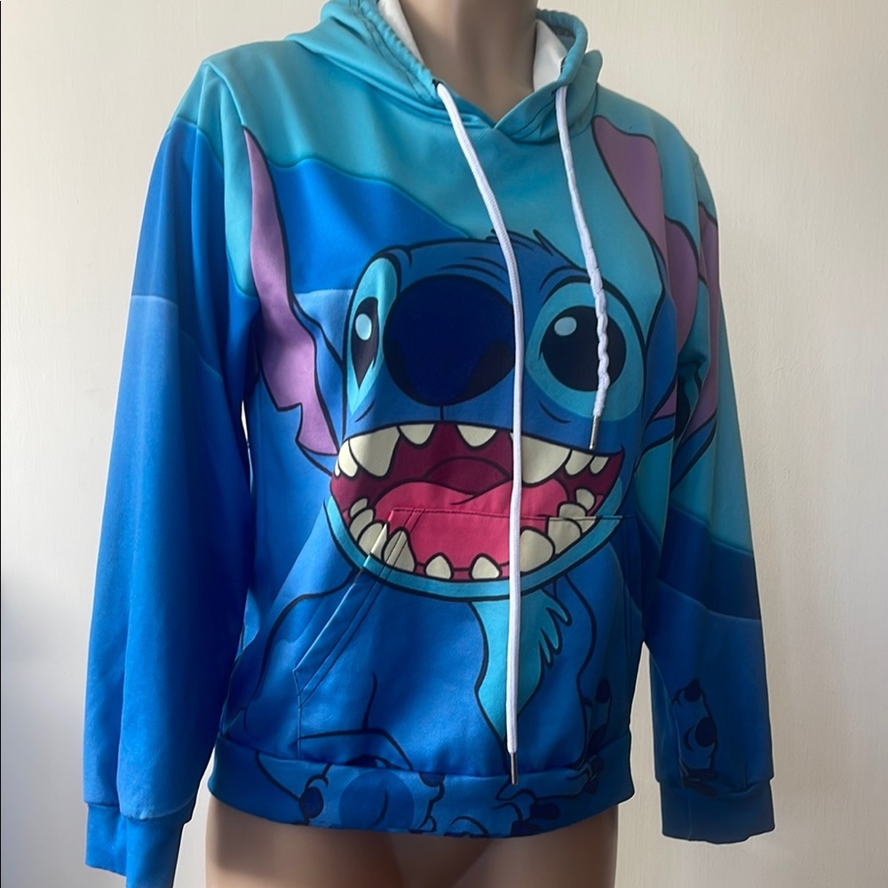 Blue Stitch Graphic Hoodie - Cartoon Character Pullover w Pockets